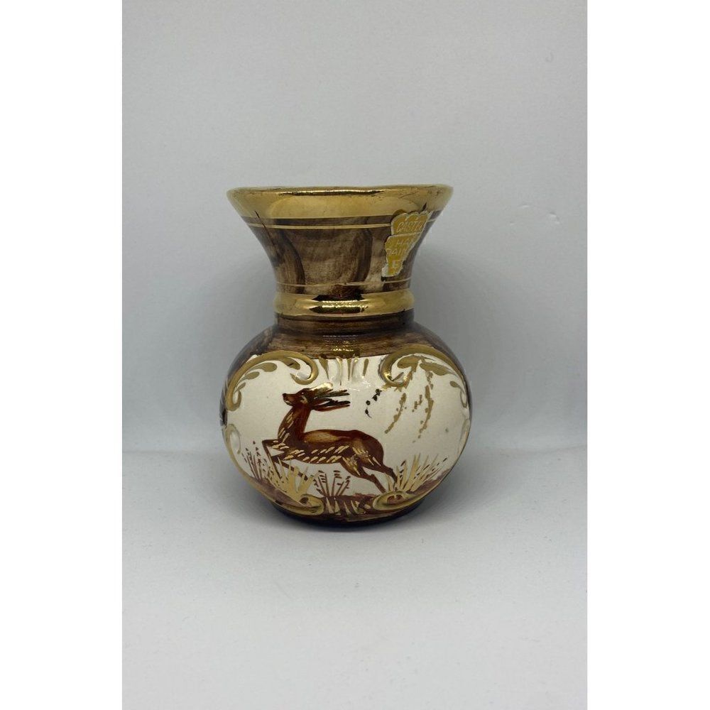 Vintage H Bequet Brown Stag Deer Hand Painted Porcelain Vase Belgium - Picture 1 of 7